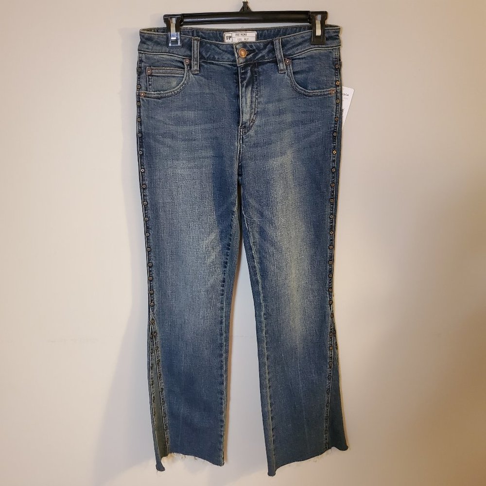 FREE PEOPLE STUDDED FLARE-LEG JEANS